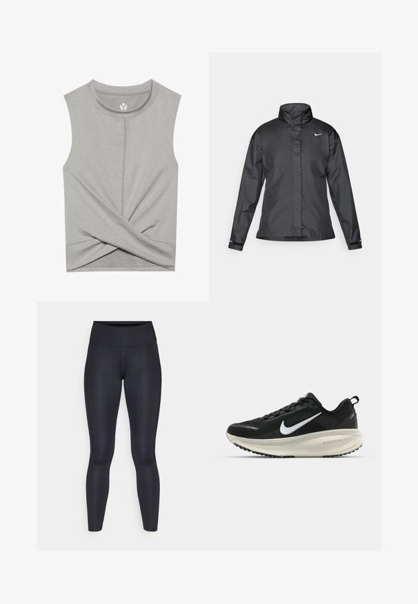 Must mustakate libi, millel on kõrge krae, täispikk tõmblukk ja Nike logo rinnal; valmistatud siledast, kergetest kangast.; Hallitus tooniga ilma varrukateta särk, ümmarguse kaelusega, mille esiosal on keerdkujundus ja lamedad õmblused mugavuse tagamiseks. Pehme, veniv kangas.; Mustad mustad, mis on valmistatud siledast ja venivast kangast. Kõrge vöökoht, ilma nähtavate mustrite või aksessuaarideta. Sobivad tihedalt puusadelt kuni pahkluuni.; Musthave mustus Nike jooksujalats, millel on hingav võrgust ülemine osa, valge swoosh logo, tekstuuriga detailid ja kreemja värvusega ZoomX vahevöö.