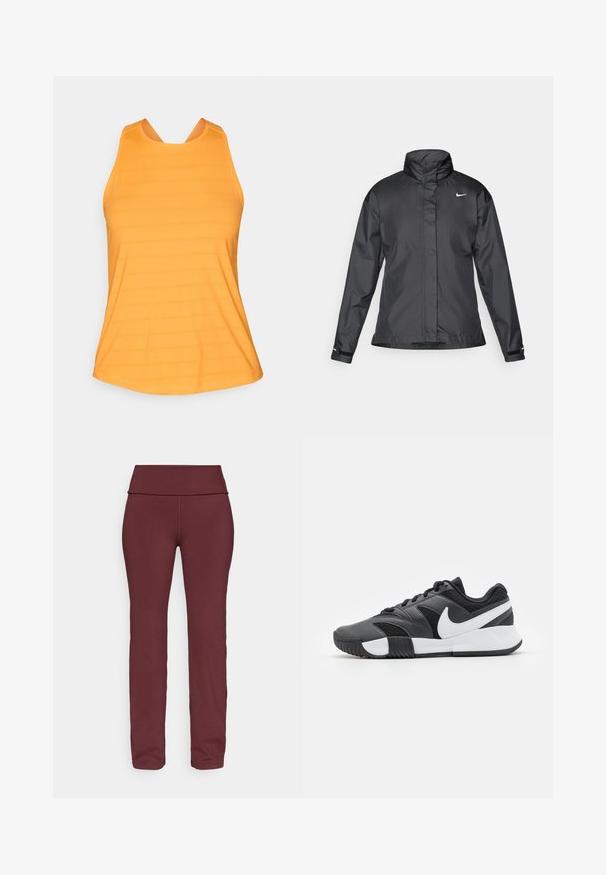 Czarna kurtka przeciwwiatrowa z wysokim kołnierzem, pełnym zamkiem z przodu i logo Nike na piersi; wykonana z gładkiego, lekkiego materiału.; Pomarańczowy sportowy top bez rękawów o teksturowanym wzorze, z okrągłym dekoltem i szerokimi ramiączkami zapewniającymi wsparcie i swobodę ruchów.; Burgundowe legginsy z szerokim, złożonym pasem, zwężającymi się nogawkami i gładkim, elastycznym materiałem nadającym się do odzieży sportowej.; Czarno-szare sportowe buty z teksturowaną cholewką, białym logo, sznurowadłami oraz gumową podeszwą z wzorami zapewniającymi przyczepność.