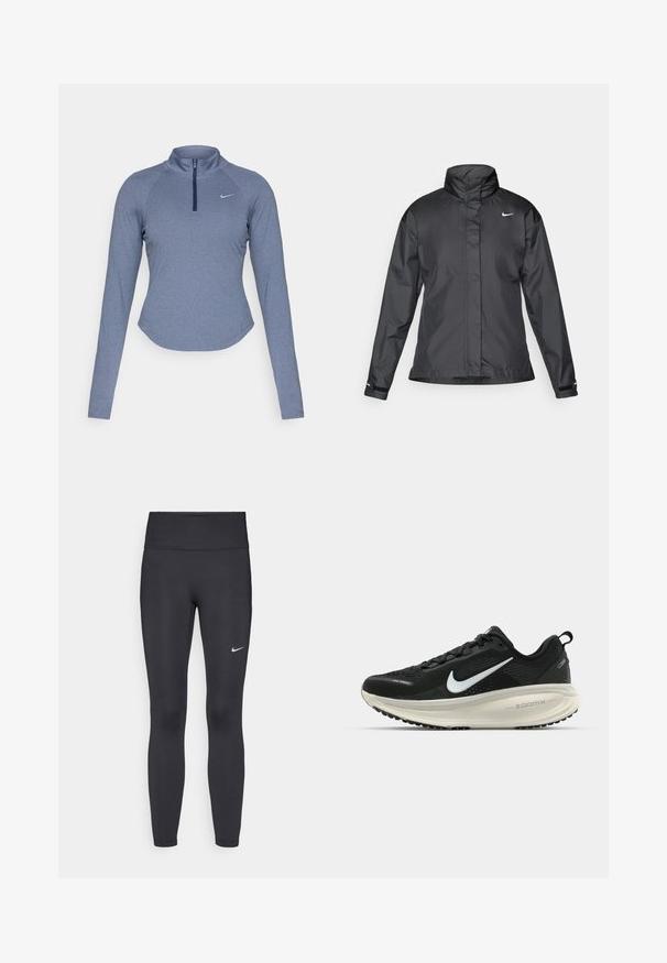 Chaqueta cortavientos negra con cuello alto, cierre frontal de cremallera completa y logo de Nike en el pecho; fabricada con un tejido suave y ligero.; Camiseta deportiva de manga larga con cremallera en una tela azul jaspeada, con un cuello falso y un discreto logo de Nike en el lado izquierdo del pecho.; Leggings negras de tela elástica, con una cintura alta y un logo blanco de Nike en el muslo izquierdo. Textura suave, diseño ajustado.; Zapatilla de running Nike negra con parte superior de malla transpirable, logo Swoosh blanco, detalles texturizados y una entresuela ZoomX de color crema.