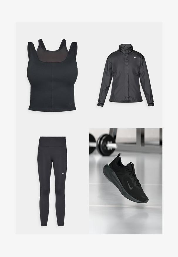 Casaco corta-vento preto com colarinho alto, fecho éclair frontal e logótipo da Nike no peito; feito de um tecido suave e leve.; Sutiã desportivo preto com um design ajustado, alças largas e uma sobreposição de malha na parte da frente. Textura suave e costuras mínimas. Logótipo da Nike na bainha.; Leggings pretos feitos de tecido elástico, com uma cintura alta e um logo branco da Nike na coxa esquerda. Textura suave, design ajustado ao corpo.; Sapatilha desportiva preta com o logotipo da Nike, mostrada em pleno ar sobre o chão do ginásio, com um suporte de halteres desfocado ao fundo.