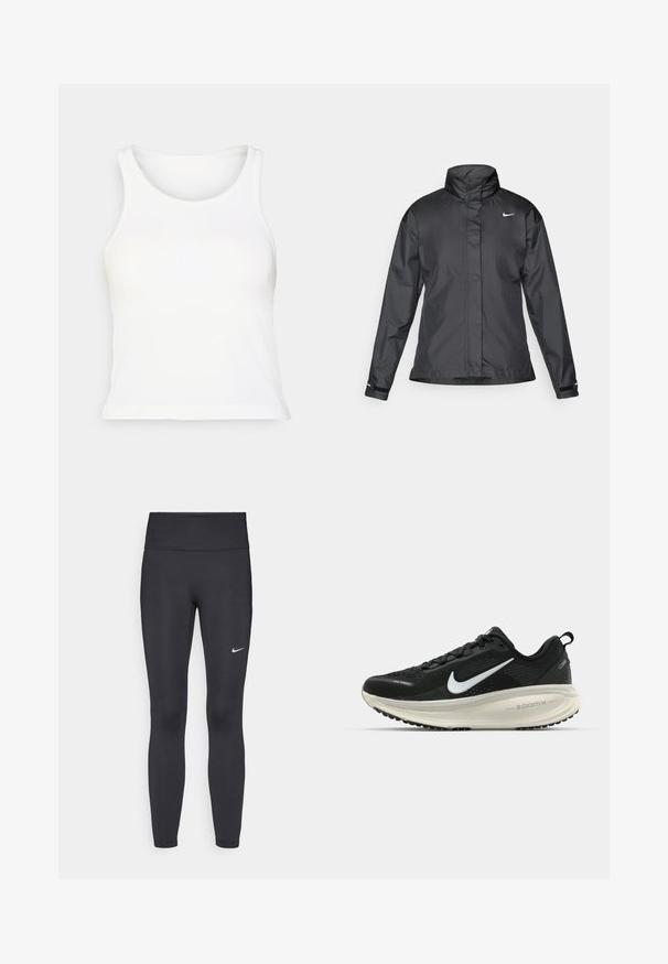 Jachetă neagră tip windbreaker cu guler înalt, fermoar înaintat și logo Nike pe piept; fabricată dintr-un material neted și ușor.; Top alb cu dungi, fără mâneci, cu guler rotund. Textură moale, formă ajustată și tiv drept. Fără modele sau accente.; Leggings negre dintr-un material elastic, având talie înaltă și un logo alb Nike pe coapsa stângă. Textură netedă, design care se conturează pe corp.; Pantofii de alergare negri de la Nike, cu parte superioară din plasă respirabilă, logo-ul alb Swoosh, detalii texturate și o talpă intermediară ZoomX de culoare crem.