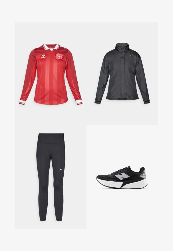 Svart vindjacka med hög krage, hel dragkedja fram och Nike-logga på bröstet; tillverkad av ett mjukt, lätt tyg.; Röd långärmad fotbollströja med vertikala ränder, vit krage och röd- och vitrandiga ärmslut. Har lagets logotyp på bröstet.; Svarta leggings i elastiskt material, med hög midja och en vit Nike-logga på vänster lår. Slät textur, figurnära design.; Svartvit New Balance löparsko med tjock sula, meshtopp och "N"-logotyp på sidan, sedd från utsidan.