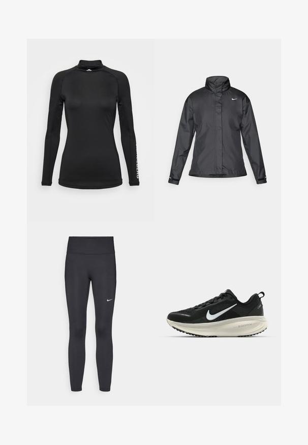 Svarte vindjakke med høy krage, full glidelås foran og Nike-logo på brystet; laget av glatt, lett materiale.; Svart langermet skjorte med høy krage, laget av glatt stoff. Har subtil søm og logo på ermet. Slim fit-design.; Sorte leggings laget av elastisk stoff, med høy livlinje og en hvit Nike-logo på venstre lår. Glatt tekstur, kroppsnær passform.; Svart Nike løpesko med pustende mesh-overdel, hvit swoosh-logo, teksturert detaljer og en kremfarget ZoomX mellomsåle.