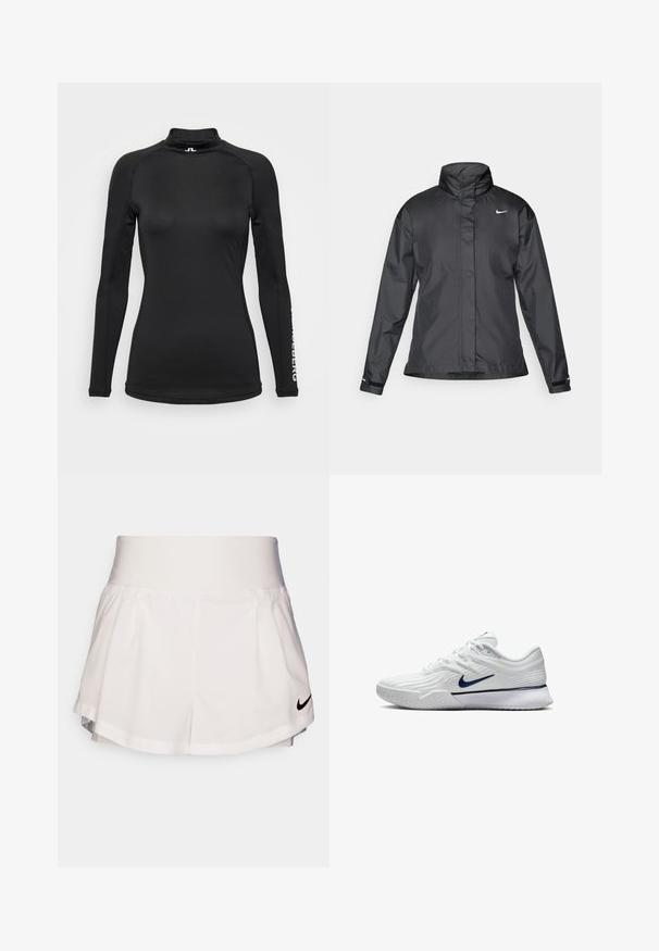Black windbreaker jacket featuring a high collar, full zip front, and Nike logo on the chest; made of smooth, lightweight fabric.; Black long-sleeve shirt with a high collar, made from smooth fabric. Features subtle stitching and logo on the sleeve. Slim fit design.; Nike Performance SHORT - Sports shorts - white/black; White athletic shoe with a textured mesh upper, navy blue accents, and a cushioned sole featuring a patterned grip. Laces integrated into design.