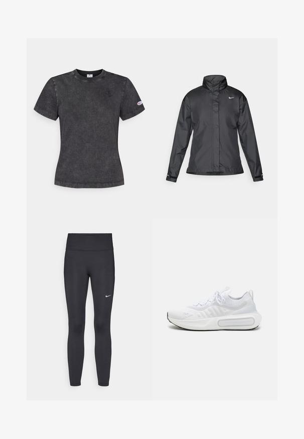 Černý větrový kabát s vysokým límcem, plným zipem vpředu a logem Nike na hrudi; vyrobený z hladké, lehké tkaniny.; Černé bavlněné tričko s krátkým rukávem a kulatým výstřihem, s malým logem na hrudi a dalším logem na rukávu, s texturovaným povrchem.; Černé legíny vyrobené z elastického materiálu, s vysokým pasem a bílým logem Nike na levém stehně. Hladká textura, přiléhavý střih.; Bílé sportovní boty s texturovaným úpletem, šněrováním, polstrovanou podrážkou a výrazným logem na boku.