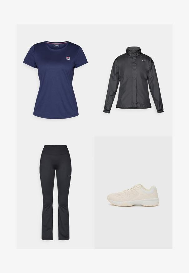 Czarna kurtka przeciwwiatrowa z wysokim kołnierzem, pełnym zamkiem z przodu i logo Nike na piersi; wykonana z gładkiego, lekkiego materiału.; Granatowa koszulka z krótkim rękawem wykonana z gładkiego materiału, z małym logo Fila po lewej stronie klatki piersiowej. Okrągły dekolt i klasyczny krój.; Czarne sportowe legginsy z wysokim paskiem, wykonane z gładkiego, elastycznego materiału. Na lewej udzie znajduje się małe białe logo Nike.; Jasno beżowy but sportowy z teksturowaną cholewką, kontrastującymi białymi akcentami, okrągłym noskiem i elastyczną gumową podeszwą.