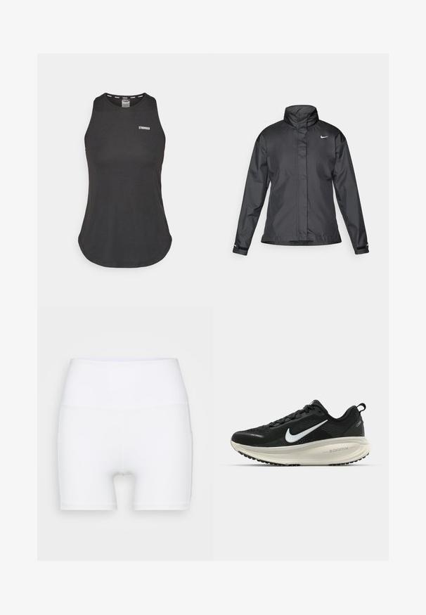 Casaco corta-vento preto com colarinho alto, fecho éclair frontal e logótipo da Nike no peito; feito de um tecido suave e leve.; Top desportivo preto, feito de tecido macio, com decote redondo e costas baixas. Logótipo "STRONGER" em branco na parte da frente.; Calções brancos de cintura alta feitos de tecido elástico. Apresentam uma textura suave e um design justo, sem padrões ou acessórios adicionais.; Sapatilha de corrida Nike preta com parte superior de malha respirável, logotipo Swoosh branco, detalhes texturizados e uma entressola ZoomX na cor creme.