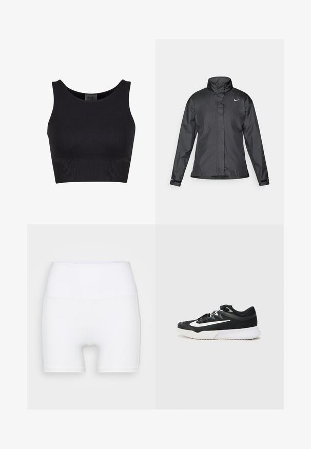 Sort vindjakke med høj krave, fuld lynlås foran og Nike-logo på brystet; lavet af glat, let vævning.; Sort ribbet crop top med rund halsudskæring og brede skulderstropper. Har et tætsiddende design og sømløse kanter for komfort.; Hvide højtaljede shorts lavet af strækstof. Har en glat tekstur og en tætsiddende design, uden yderligere mønstre eller hardware.; Sort atletisk sko med hvide detaljer, der har en tekstureret overdel, rund tå, flade snørebånd og en tyk hvid gummisål.
