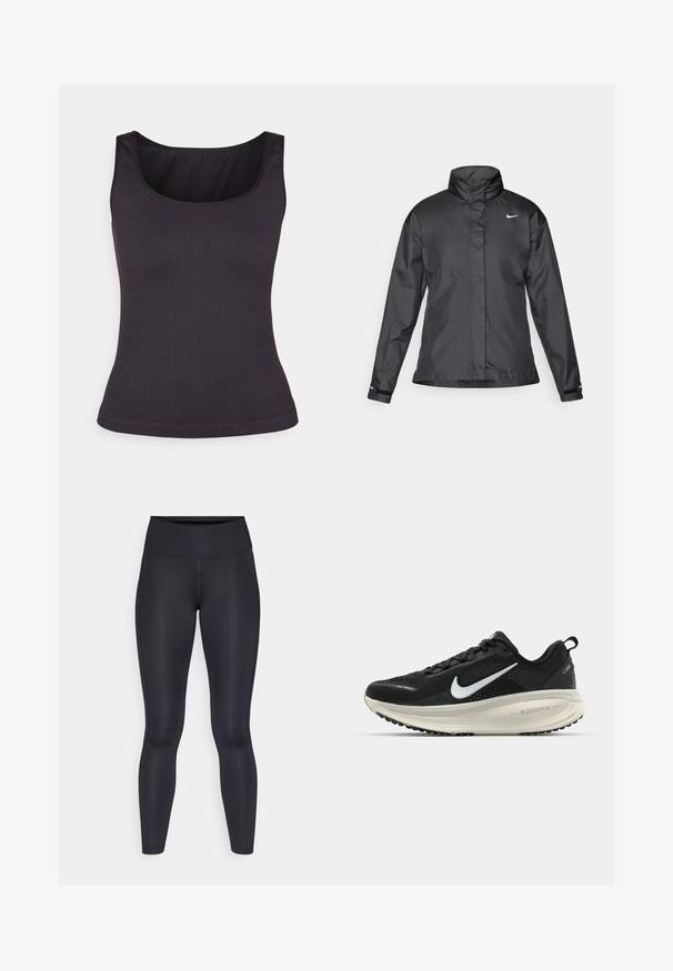 Casaco corta-vento preto com colarinho alto, fecho éclair frontal e logótipo da Nike no peito; feito de um tecido suave e leve.; T-shirt de alças em cinza-escuro com decote redondo e alças finas, apresentando um design justo e uma textura suave.; Leggings pretas feitos de um tecido liso e elástico. Cintura alta sem padrões ou detalhes visíveis. Ajustam-se de forma justa da cintura até os tornozelos.; Sapatilha de corrida Nike preta com parte superior de malha respirável, logotipo Swoosh branco, detalhes texturizados e uma entressola ZoomX na cor creme.