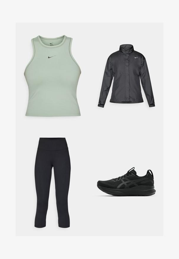 Must mustakate libi, millel on kõrge krae, täispikk tõmblukk ja Nike logo rinnal; valmistatud siledast, kergetest kangast.; Kerge roheline ilma varrukat sportlik tank top, mis on valmistatud siledast kangast. Esipoolt kaunistab väike must Nike logo ning peened õmblused.; Mustad mustad õhukesed leggingud, mis on valmistatud venivast kangast, kõrge vöökoha ja siledaga, ilma nähtavate mustrite või metalldetailideta.; Mustad mustreesid hingava pealmise, tekstuurse kangaga, paksu tallaga ja diskreetsete brändingu aktsentidega. Kaasas on sidekummid ja tõmbeaas.