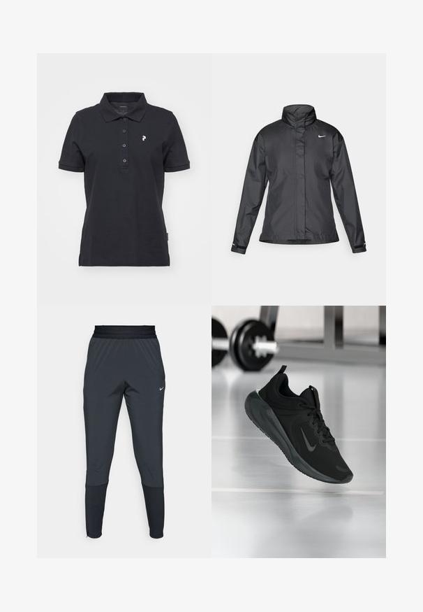 Melnā vēja izturīgā jaka ar augstu apkakli, pilnu rāvējslēdzēju priekšpusē un Nike logo uz krūšu; izgatavota no gludas, vieglas auduma.; Melna kokvilnas polo krekls ar klasisko apkakli, trīs pogu aizdari, īsām piedurknēm un mazu baltu logo uz krūšu daļas.; Nike sporta bikses tumšā pelēkā krāsā, ar šauru kāju dizainu, elastīgu jostasvietu un akcentu detaļām pie apakšmalām.; Melnas sporta kedas ar Nike logo, rādot gaisā uz sporta zāles grīdas, ar izplūdušu hantelēm fona.
