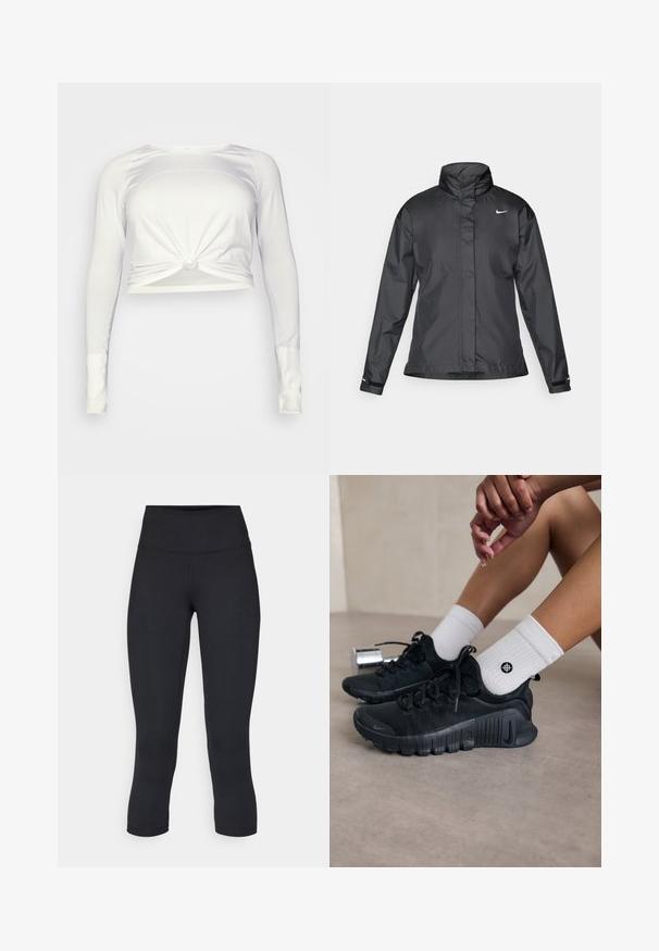 Must mustakate libi, millel on kõrge krae, täispikk tõmblukk ja Nike logo rinnal; valmistatud siledast, kergetest kangast.; lululemon SWIFTLY TECH LONG SLEEVE - Pikkade varrukatega topp - white/white; Mustad mustad õhukesed leggingud, mis on valmistatud venivast kangast, kõrge vöökoha ja siledaga, ilma nähtavate mustrite või metalldetailideta.; Mustad must спортjalatsid tekstuurse kangaga, nöörimise disainiga ja silmapaistva tallaga, koos valgete ribafreeside sokkidega, millel on väike logo.