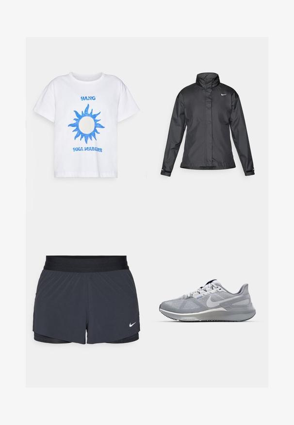 Must mustakate libi, millel on kõrge krae, täispikk tõmblukk ja Nike logo rinnal; valmistatud siledast, kergetest kangast.; Valge puuvillane T-särk, millel on sinine sädelev päikesegraafika ja tekst "YANG YOGA OTSIJA" sinises fondis. Lühikesed varrukad ja lõdvestatud lõige.; Mustad must sportlikud lühikesed püksid, millel on elastne vöökoht, kihiline disain ja väike valge Nike logo vasakul all. Kerge materjal.; Kergehall Nike spordijalanõud, millel on tekstuuriga võrgusilma pealis, pehme krae ja mustriga kummist välistald.