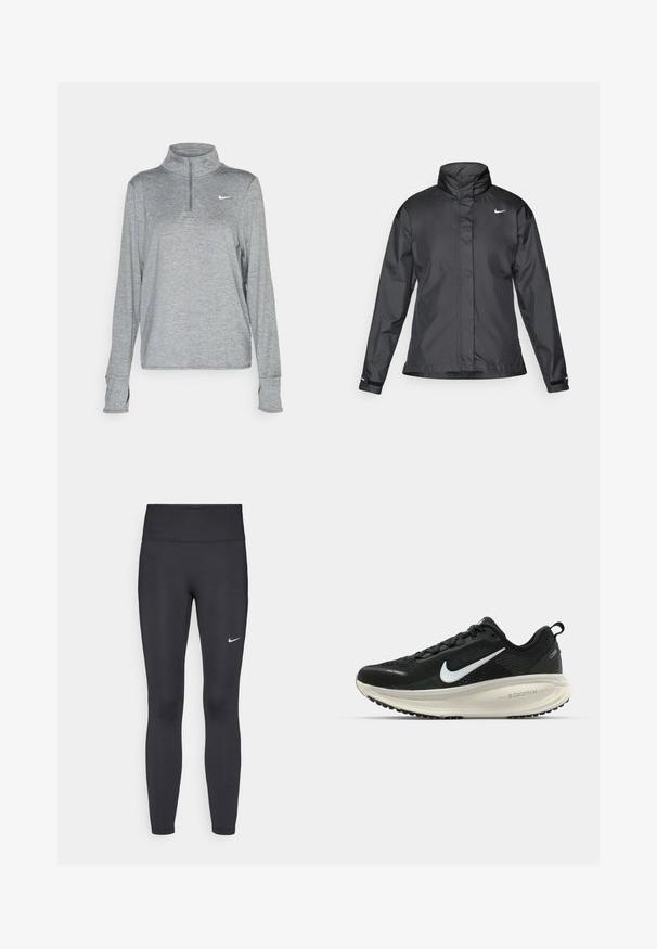 Zwarte windjack met een hoge kraag, volledige rits aan de voorkant en het Nike-logo op de borst; gemaakt van gladde, lichte stof.; Nike Performance SWIFT - Longsleeve - smoke grey; Zwarte legging van rekbare stof met een hoge tailleband en een wit Nike-logo op de linkerdij. Gladde textuur, aansluitend ontwerp.; Zwarte Nike hardloopschoen met ademend mesh bovenwerk, witte swoosh-logo, gestructureerde details en een crèmekleurige ZoomX middenzool.