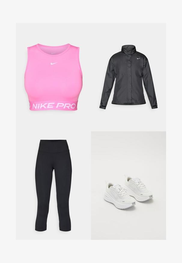 Fekete szélálló dzseki magas gallérral, teljes cipzárral elöl és Nike logóval a mellkason; sima, könnyű anyagból készült.; Nike Pro sportmelltartó élénk rózsaszínben, testhez álló fazonnal, kerek nyakkivágással és széles, fehér márkázott elasztikus pánttal az alján.; Fekete, rövidített leggings elasztikus anyagból, magas derékkal és sima textúrával, látható minták vagy fémalkatrészek nélkül.; Fehér sportcipő, texturált hálós felsőrésszel, párnázott talppal és diszkrét szürke díszítésekkel. Tartalmazza a márkázást és a könnyű felhúzást segítő hurkot a sarokrészen.