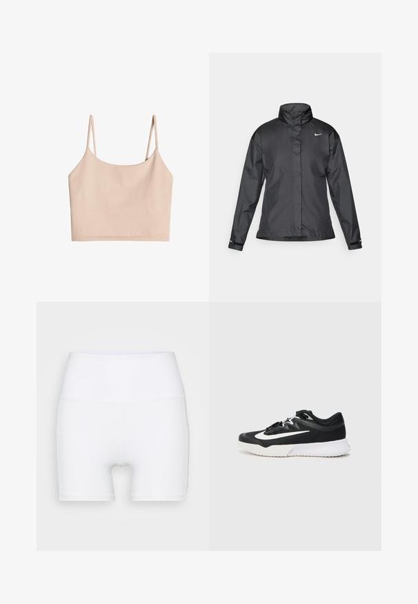Jachetă neagră tip windbreaker cu guler înalt, fermoar înaintat și logo Nike pe piept; fabricată dintr-un material neted și ușor.; Top scurt de culoare nude, cu bretele subțiri, fabricat dintr-un material moale, având o textură netedă și un design simplu, cu croială dreaptă.; Șorturi albe cu talie înaltă, fabricate dintr-un material elastic. Au o textură netedă și un design ajustat, fără modele sau accesorii suplimentare.; Pantofii sport negri cu accente albe, având un guler texturat, vârf rotund, șireturi plate și o talpă groasă din cauciuc alb.