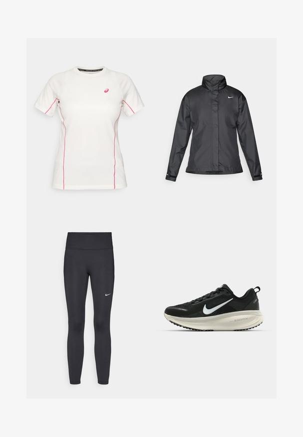 Zwarte windjack met een hoge kraag, volledige rits aan de voorkant en het Nike-logo op de borst; gemaakt van gladde, lichte stof.; Witte sportshirt met korte mouwen en roze stiksels langs de zijkanten en mouwen, met een klein roze Asics-logo op de borst.; Zwarte legging van rekbare stof met een hoge tailleband en een wit Nike-logo op de linkerdij. Gladde textuur, aansluitend ontwerp.; Zwarte Nike hardloopschoen met ademend mesh bovenwerk, witte swoosh-logo, gestructureerde details en een crèmekleurige ZoomX middenzool.