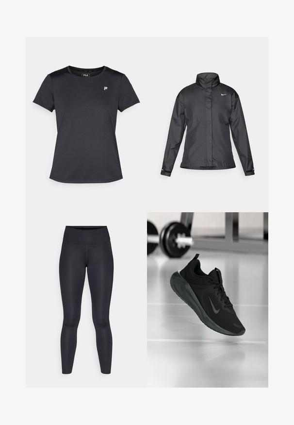 Czarna kurtka przeciwwiatrowa z wysokim kołnierzem, pełnym zamkiem z przodu i logo Nike na piersi; wykonana z gładkiego, lekkiego materiału.; Fila LEONIE czarny; Czarne legginsy wykonane z gładkiego, elastycznego materiału. Wysoki stan bez widocznych wzorów czy akcentów. Dobrze przylegają od pasa do kostek.; Czarny sportowy sneaker z logo Nike, pokazany w powietrzu na podłodze siłowni, z rozmytym regałem z hantlami w tle.