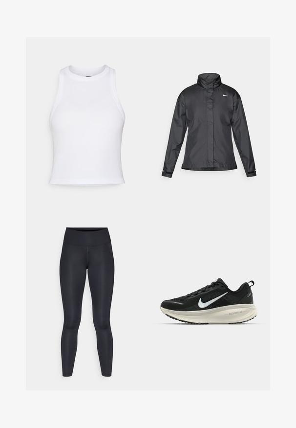 Svarte vindjakke med høy krage, full glidelås foran og Nike-logo på brystet; laget av glatt, lett materiale.; Hvit ermeløs crop top laget av glatt bomullsstoff. Har en rund halslinje og en tettsittende design, uten synlige mønstre eller dekorasjoner.; Sorte leggings laget av glatt, elastisk materiale. Høy midje uten synlige mønstre eller detaljer. Sitter tett fra midjen til anklene.; Svart Nike løpesko med pustende mesh-overdel, hvit swoosh-logo, teksturert detaljer og en kremfarget ZoomX mellomsåle.