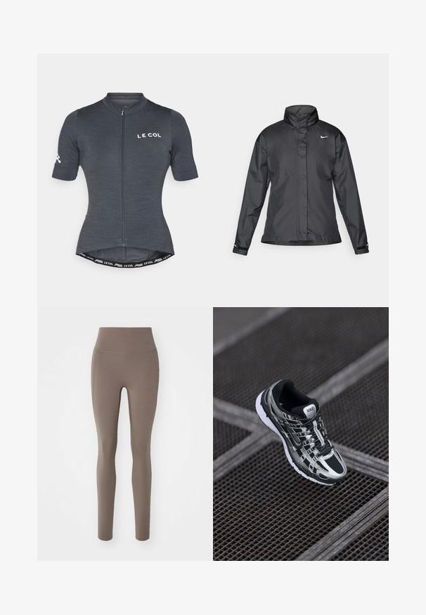 Sort vindjakke med høj krave, fuld lynlås foran og Nike-logo på brystet; lavet af glat, let vævning.; Grå cykeltrøje med korte ærmer, frontlynlås og tætsiddende design. Har et mærke-logo og kontrastdetaljer ved taljen.; Brune højtaljede leggings lavet af strækbart materiale med en glat tekstur, der har et sømløst design og en ankel-længde silhuet.; Nike løbesko med en sort og sølv farveskema, mesh-overdel, tekstureret sål og snøresystem for sikker pasform.