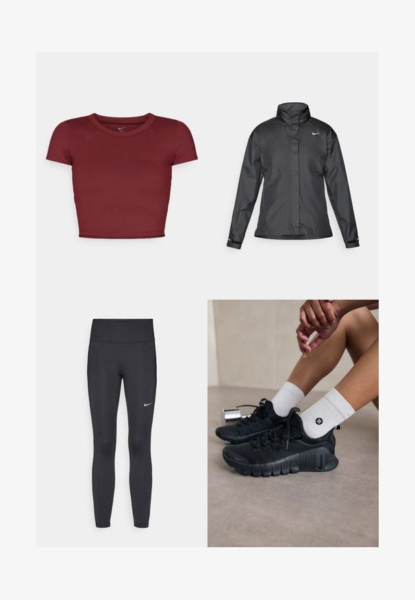 Črna vetrovka z višjim ovratnikom, popolnim zadrgo spredaj in logotipom Nike na prsih; izdelana iz gladkega, lahkega materiala.; Burgundska kratka majica s kratkimi rokavi iz gladkega materiala s krožnim izrezom. Minimalističen dizajn, brez vidnih logotipov ali vzorcev.; Črne legice iz elastične tkanine, z visokim pasom in belim Nike logo na levem stegnu. Gladka tekstura, oblikovno prilegajoč dizajn.; Črne športne čevlje z teksturirano tkanino, vezanim dizajnom in izrazitim podplatom, v kombinaciji z belimi rebrastimi nogavicami z majhnim logotipom.