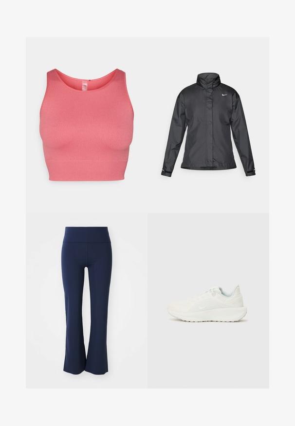 Svart vindjacka med hög krage, hel dragkedja fram och Nike-logga på bröstet; tillverkad av ett mjukt, lätt tyg.; Rosa ribbad ärmlös topp med en åtsittande design, breda axelremmar och rund halsringning. Slät textur och kroppsnära passform.; Marinblå flarebyxor gjorda av elastiskt tyg med en bred midjeband. Slät textur utan synliga mönster eller detaljer i hårdvara.; Vitaidrottsskor i vitt med en texturerad ovandel, vadderat krage och snörning. Har en böjd yttersula och diskret logotyp på sidan.