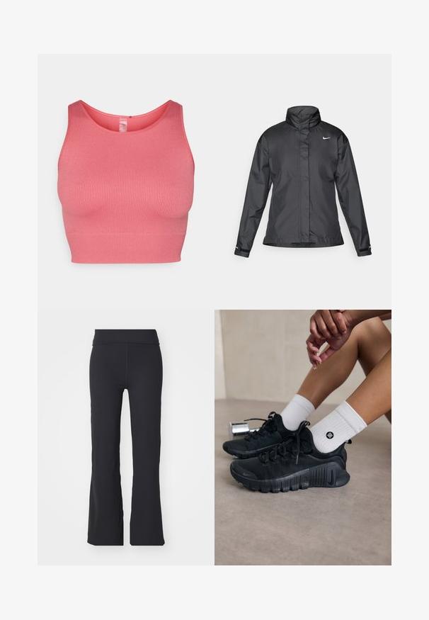 Jachetă neagră tip windbreaker cu guler înalt, fermoar înaintat și logo Nike pe piept; fabricată dintr-un material neted și ușor.; Top rosa din bumbac cu o croială ajustată, bretele late și decolteu rotund. Textură netedă și ajustare pe corp.; Pantaloni negri evazați din țesătură elastică, cu un talie înaltă. Prezintă linii curate și o textură netedă, fiind potriviți pentru îmbrăcăminte casual.; Pantofi sport negri din material texturat, cu un design cu sireturi și o talpă proeminentă, asortați cu șosete albe cu model cu nervuri, având un mic logo.