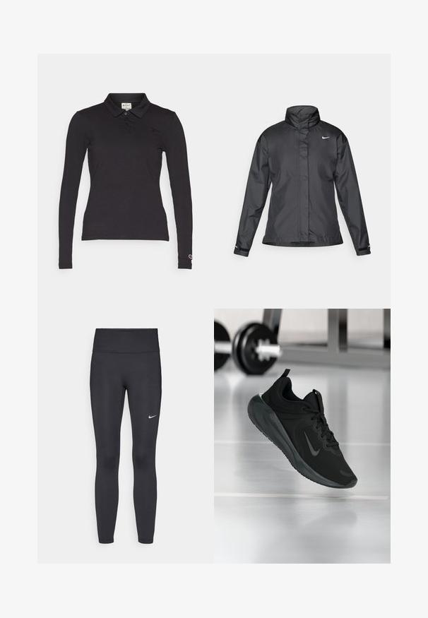 Black windbreaker jacket featuring a high collar, full zip front, and Nike logo on the chest; made of smooth, lightweight fabric.; Champion ICONS LONG SLEEVE - Long sleeved top - black; Black leggings made of stretchy fabric, featuring a high waistband and a white Nike logo on the left thigh. Smooth texture, form-fitting design.; Black sports sneaker with Nike logo, shown mid-air on gym floor, with blurred dumbbell rack in background.