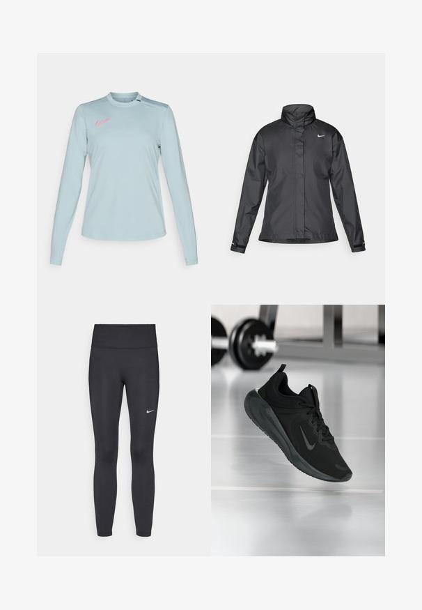 Black windbreaker jacket featuring a high collar, full zip front, and Nike logo on the chest; made of smooth, lightweight fabric.; Light blue long-sleeve Nike shirt with a crew neck, featuring a pink logo on the left shoulder and a smooth, textured fabric.; Black leggings made of stretchy fabric, featuring a high waistband and a white Nike logo on the left thigh. Smooth texture, form-fitting design.; Black sports sneaker with Nike logo, shown mid-air on gym floor, with blurred dumbbell rack in background.