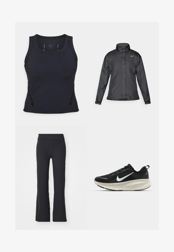 Casaco corta-vento preto com colarinho alto, fecho éclair frontal e logótipo da Nike no peito; feito de um tecido suave e leve.; Camisola desportiva preta feita de tecido elástico. Apresenta um decote redondo, design de costas nadador e detalhes recortados nas laterais.; Calças pretas com estilo flare feitas de um tecido elástico com uma cintura alta. Apresentam linhas limpas e uma textura suave, adequadas para uso casual.; Sapatilha de corrida Nike preta com parte superior de malha respirável, logotipo Swoosh branco, detalhes texturizados e uma entressola ZoomX na cor creme.