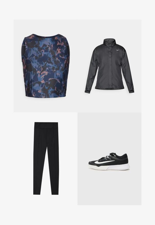 Fekete szélálló dzseki magas gallérral, teljes cipzárral elöl és Nike logóval a mellkason; sima, könnyű anyagból készült.; Tengerészkék és fekete felső, kék és őszibarack árnyalatú virágmintával, kerek dekoltázzsal és formázott fazonnal.; Fekete leggings sima textúrával, magas derékkal és oldalfelületeken varrási részletekkel. Karcsú szabású, különféle tevékenységekhez megfelelő.; Fekete sportcipő fehér kiegészítőkkel, texturált felsőrésszel, kerek orral, lapos fűzőkkel és vastag fehér gumitalppal.