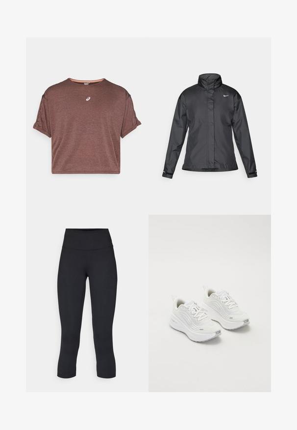 Must mustakate libi, millel on kõrge krae, täispikk tõmblukk ja Nike logo rinnal; valmistatud siledast, kergetest kangast.; Pruun lühikeste varrukatega t-särk, mis on valmistatud tekstuursetest kangast, ümmarguse kaeluse ja väikese logoga südames. Omab rullitud varrukaid.; Mustad mustad õhukesed leggingud, mis on valmistatud venivast kangast, kõrge vöökoha ja siledaga, ilma nähtavate mustrite või metalldetailideta.; Valged spordijalatsid, millel on tekstureeritud võrkkangas üst, pehme tallaga ja peened hallid aktsendid. Kaasas bränding ja aasaga kannaaken mugavaks selga panemiseks.