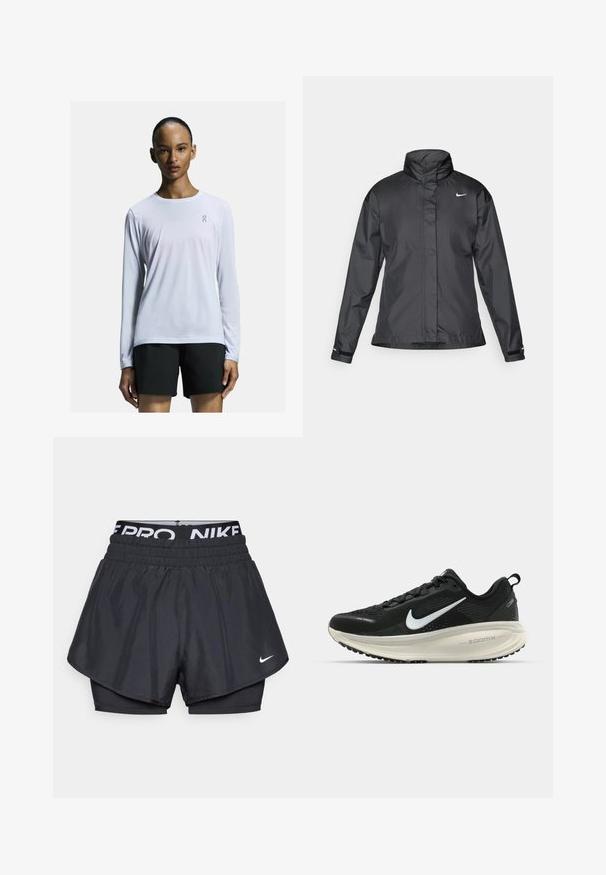 Chaqueta cortavientos negra con cuello alto, cierre frontal de cremallera completa y logo de Nike en el pecho; fabricada con un tejido suave y ligero.; Camisa de rendimiento de manga larga en blanco, hecha de una tela ligera y transpirable. Presenta un cuello redondo y un logo sutil en el pecho.; Pantalones cortos deportivos negros con un diseño en capas, que cuentan con una capa exterior transpirable, cinturilla elástica con marca y un pequeño logo en la parte frontal.; Zapatilla de running Nike negra con parte superior de malla transpirable, logo Swoosh blanco, detalles texturizados y una entresuela ZoomX de color crema.