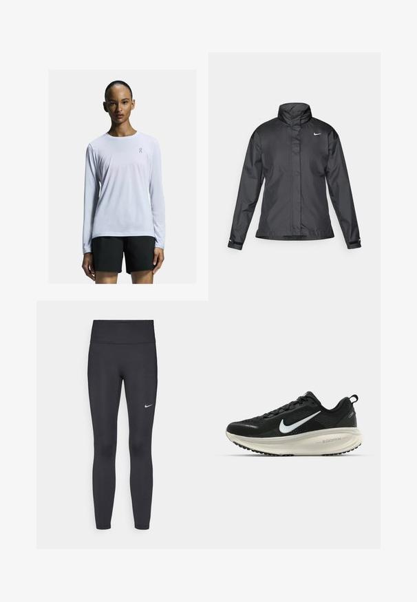 Jachetă neagră tip windbreaker cu guler înalt, fermoar înaintat și logo Nike pe piept; fabricată dintr-un material neted și ușor.; Cămașă de performanță, cu mânecă lungă, de culoare albă, realizată dintr-un material ușor și respirabil. Dispune de un decolteu rotund și un logo subtil pe piept.; Leggings negre dintr-un material elastic, având talie înaltă și un logo alb Nike pe coapsa stângă. Textură netedă, design care se conturează pe corp.; Pantofii de alergare negri de la Nike, cu parte superioară din plasă respirabilă, logo-ul alb Swoosh, detalii texturate și o talpă intermediară ZoomX de culoare crem.