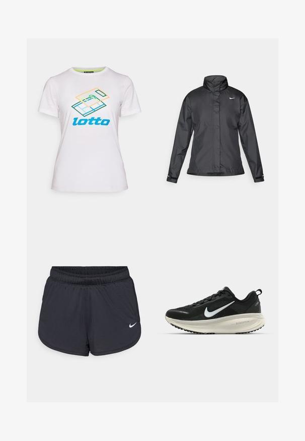 Musta tuulitakki, jossa on korkea kaulus, vetoketjullinen etuosa ja Nike-logo rinnassa; valmistettu sileästä ja kevyestä kankaasta.; Valkoinen lyhythihainen T-paita, joka on valmistettu puuvillasta ja jossa on värikäs geometrinen graafinen kuvio sekä sininen "lotto"-logo edessä.; Mustat urheilushortsit, joissa on joustava vyötärö, urheilullinen muotoilu ja valkoinen Nike-logo alareunassa edessä. Pintakuvioitu kangas.; Mustat Nike-juoksukengät, joissa on hengittävä verkko-osa, valkoinen swoosh-logo, teksturoitu yksityiskohtaus ja kermaisen värinen ZoomX-välipohja.