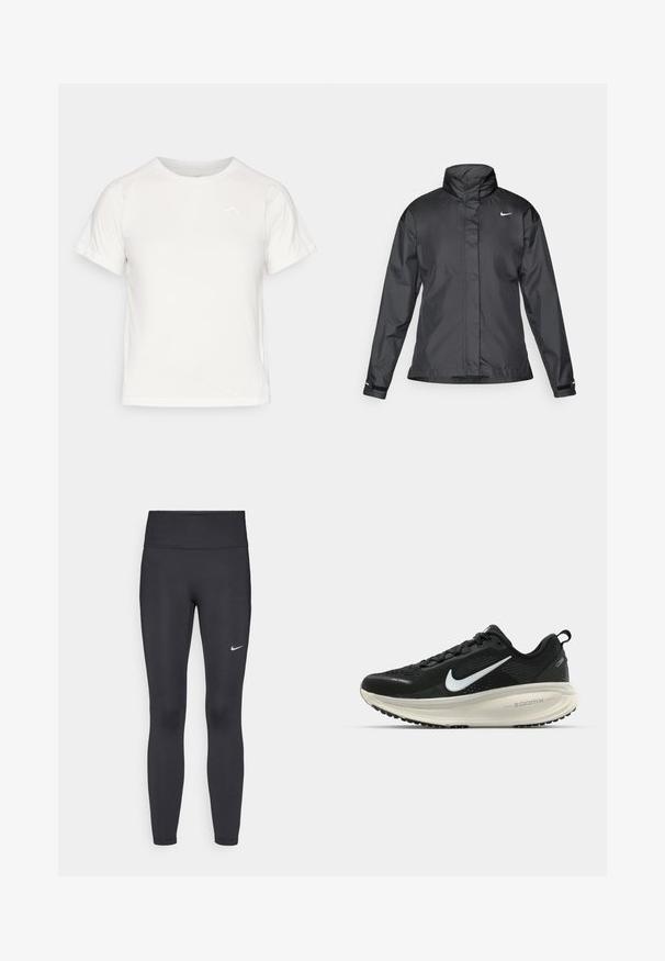 Czarna kurtka przeciwwiatrowa z wysokim kołnierzem, pełnym zamkiem z przodu i logo Nike na piersi; wykonana z gładkiego, lekkiego materiału.; Lekka biała koszulka z krótkim rękawem, okrągłym dekoltem i małym logo w lewym górnym rogu. Gładki materiał o subtelnej połysku.; Czarne legginsy z elastycznego materiału, z wysokim pasem i białym logo Nike na lewym udzie. Gładka tekstura, dopasowany krój.; Czarna biegowa półbut z oddychającej siateczki, białym logo swoosh, teksturowanymi detalami oraz kremową podeszwą środkową ZoomX.