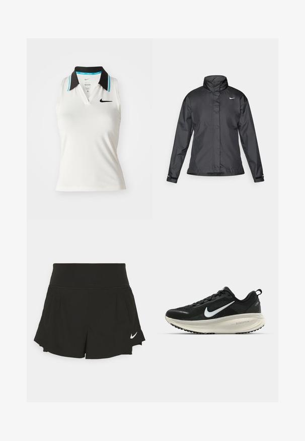 Chaqueta cortavientos negra con cuello alto, cierre frontal de cremallera completa y logo de Nike en el pecho; fabricada con un tejido suave y ligero.; Camisa polo sin mangas blanca con cuello negro y acentos turquesa. Tiene un escote en forma de V y un pequeño logo negro de Nike en el pecho.; Shorts deportivos negros con una cintura ancha, detalles plisados, dobladillo curvado y el logo de Nike en blanco en la parte inferior derecha.; Zapatilla de running Nike negra con parte superior de malla transpirable, logo Swoosh blanco, detalles texturizados y una entresuela ZoomX de color crema.