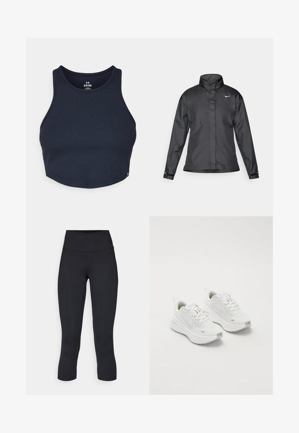 Zwarte windjack met een hoge kraag, volledige rits aan de voorkant en het Nike-logo op de borst; gemaakt van gladde, lichte stof.; Navyblauwe cropped tanktop van ribstof, met een ronde hals en brede schouderbanden, voorzien van een klein logolabel aan de zoom.; Zwarte cropped leggings van rekbaar materiaal, met een hoge tailleband en een gladde textuur, zonder zichtbare patronen of hardware.; Witte sportieve schoenen met een gestructureerde mesh bovenkant, een comfortabele zool en subtiele grijze accenten. Inclusief branding en een lus aan de hiel voor eenvoudig aan- en uittrekken.