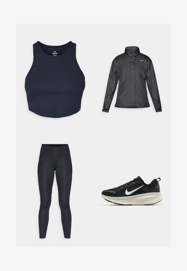 Black windbreaker jacket featuring a high collar, full zip front, and Nike logo on the chest; made of smooth, lightweight fabric.; Navy blue cropped tank top made of ribbed fabric, featuring a round neck and wide shoulder straps, with a small logo tag at the hem.; Black leggings made of smooth, stretchy fabric. High waist with no visible patterns or accents. Fit closely from waist to ankles.; Black Nike running shoe with breathable mesh upper, white swoosh logo, textured detailing, and a cream-colored ZoomX midsole.