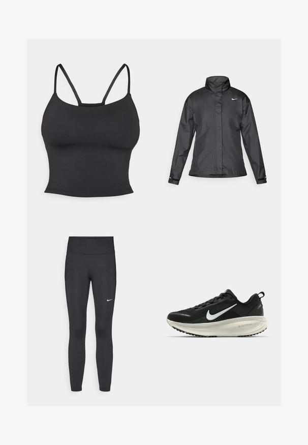 Juoda vėjui atspari striukė su aukštu apykakle, visišku užtrauktuku priekyje ir Nike logotipu krūtinėje; pagaminta iš lygaus, lengvo audinio.; Juodas prigludęs kamšelio tipo marškinėlis, pagamintas iš lygaus audinio, su plonomis petnešėlėmis ir apvaliu iškirpimu, be papildomų raštų ar akcentų.; Juodi leggingai iš elastingos medžiagos, turintys aukštą juosmenį ir baltą Nike logotipą kairėje šlaunyje. Lygus paviršius, prigludusi dizainas.; Juodas Nike sportinis batelis su kvėpuojančiu tinklu, baltu swoosh logotipu, tekstūruoto dizaino detalėmis ir grietinėlės spalvos ZoomX viduriu.