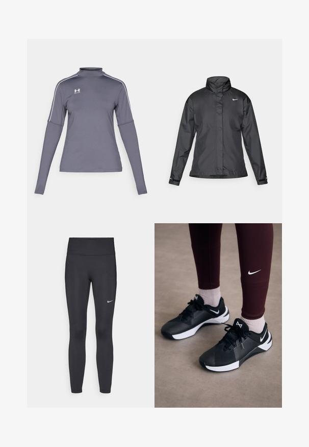 Black windbreaker jacket featuring a high collar, full zip front, and Nike logo on the chest; made of smooth, lightweight fabric.; Long-sleeve gray athletic shirt with a mock collar, white accents on the shoulders, and an Under Armour logo on the left chest. Material is smooth.; Black leggings made of stretchy fabric, featuring a high waistband and a white Nike logo on the left thigh. Smooth texture, form-fitting design.; Black athletic shoes with a textured upper and white accents, featuring laces and a side logo. Worn with maroon leggings and light socks.