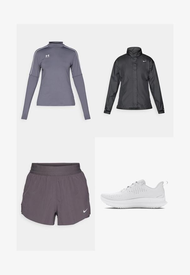 Schwarze Windjacke mit hochgeschlossenem Kragen, durchgehendem Reißverschluss und Nike-Logo auf der Brust; aus glattem, leichtem Material gefertigt.; Langärmliges graues Sportshirt mit Stehkragen, weißen Akzenten an den Schultern und einem Under Armour-Logo auf der linken Brust. Das Material ist glatt.; Nike Laufshorts in Dunkelgrau, mit einem breiten elastischen Bund, leichtem Material, seitlichen Taschen und einem dezenten Logo in Weiß.; Hellgraue Sportschuhe mit einer strukturierten Oberseite, Perforationen für Atmungsaktivität und einer Gummisohle mit einem markanten Profil.