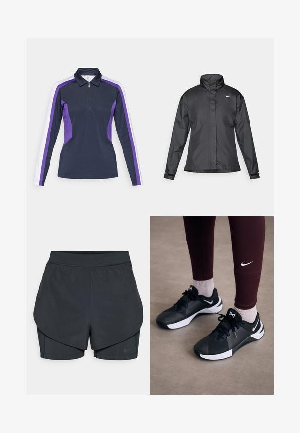 Čierna vetrovka s vysokým golierom, plným zipsom na prednej strane a logom Nike na hrudi; vyrobená z hladkej, ľahkej tkaniny.; Dlhý rukáv polo tričko v námorníckej s modro-purpurovými bočnými panelmi, s golierom na zips a športovým, prispôsobeným strihom. Hladká textúra látky.; Čierne športové šortky s vrstveným dizajnom, s hladkou vonkajšou vrstvou a priliehavými vnútornými šortkami. Vyrobené z ľahkej, elastickej tkaniny.; Čierne športové topánky s textúrovaným zvrškom a bielymi akcentmi, s dvoma šnúrkami a logom na boku. Nosené s bordo legínami a svetlými ponožkami.