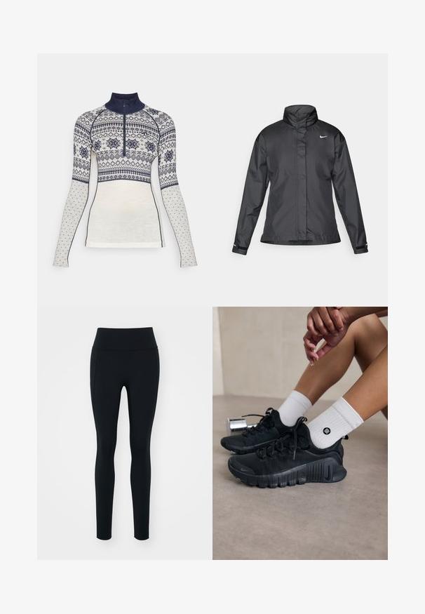 Fekete szélálló dzseki magas gallérral, teljes cipzárral elöl és Nike logóval a mellkason; sima, könnyű anyagból készült.; Kari Traa VILMA - Pulóver - off white; Fekete leggings rugalmas anyagból, magas derékkal. Simább textúra, feszes fazon, és nincsenek látható díszítések vagy minták.; Fekete sportcipők texturált anyagból, fűzős kialakítással és hangsúlyos talppal, fehér bordás zoknikkal párosítva, melyek kis logóval rendelkeznek.
