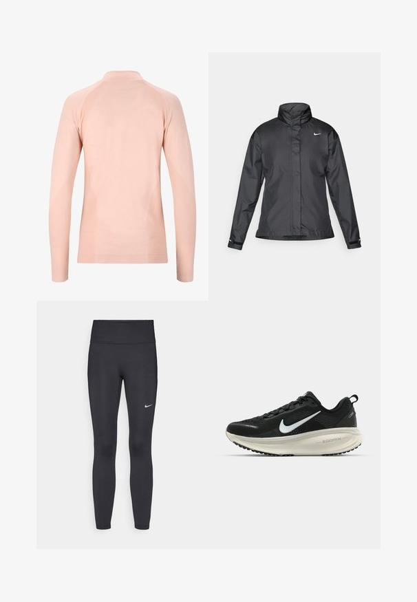 Schwarze Windjacke mit hochgeschlossenem Kragen, durchgehendem Reißverschluss und Nike-Logo auf der Brust; aus glattem, leichtem Material gefertigt.; Endurance HALEN SEAMLESS - Langarmshirt - peach whip; Schwarze Leggings aus elastischem Stoff, mit einem hohen Bund und einem weißen Nike-Logo auf dem linken Oberschenkel. Glatte Textur, figurbetontes Design.; Schwarzer Nike-Laufschuh mit atmungsaktivem Mesh-Obermaterial, weißem Swoosh-Logo, strukturierten Details und einer cremefarbenen ZoomX-Zwischensohle.