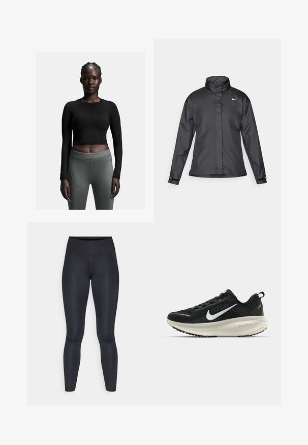 Črna vetrovka z višjim ovratnikom, popolnim zadrgo spredaj in logotipom Nike na prsih; izdelana iz gladkega, lahkega materiala.; Črn dolg rokav krojen top, v kombinaciji s prilegajočimi temno sivimi legicami. Top ima preprost dizajn; legice imajo stranske šive in gladko teksturo.; Črne legice narejene iz gladkega, elastičnega materiala. Visok pas brez vidnih vzorcev ali dodatkov. Tesno se prilegajo od pasu do gležnjev.; Črne Nike tekaške čevlje z zračno mrežno zgornjim delom, belim logotipom Swoosh, teksturiranimi detajli in smetanasto barvnim srednjim delom ZoomX.