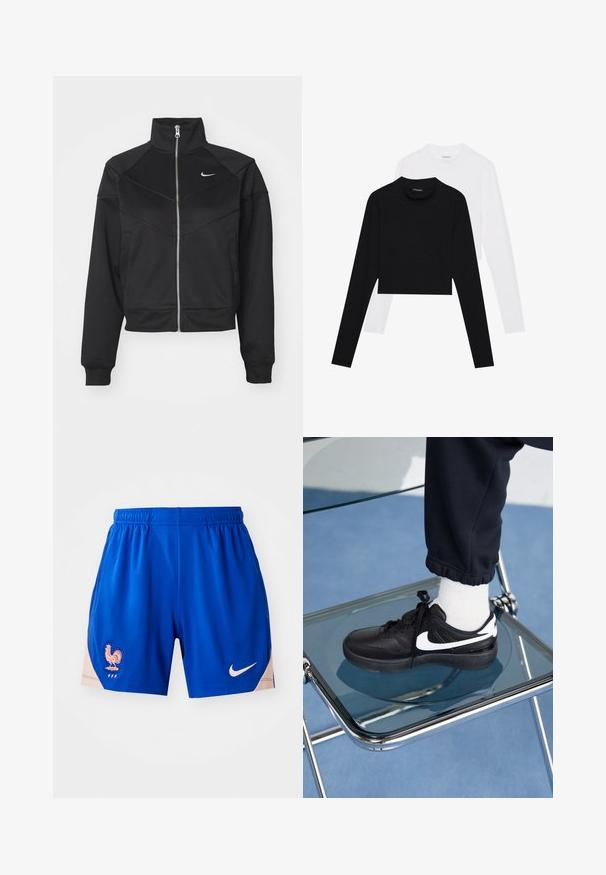 Musta vetoketjullinen takki korkealla kauluksella, joka on valmistettu sileästä kankaasta. Takissa on vinot saumat ja pieni valkoinen Nike-logo rintamuksessa.; Kaksi pitkähihasta crop-topia mustana ja valkoisena. Valmistettu pehmeästä kankaasta, jossa on pyöreä kaula-aukko ja istuva siluetti.; Siniset urheilu-shortsit, jotka on valmistettu kevyestä kankaasta. Sivussa on sininen ja vaaleanpunainen kukko-logo. Nike-logo painettuna valkoisena.; Mustat Nike-tennarit valkoisilla yksityiskohdilla, joissa on sileä nahkapinta, nauhakiinnitys ja pyöreä varvas, aseteltuna lasituolille.