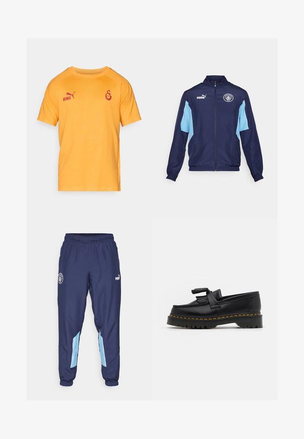 Veste de sport bleu marine avec des accents bleu clair, zip complet, col montant, poignets élastiques, et arborant le logo de Manchester City sur la poitrine.; T-shirt jaune à manches courtes en coton. Présente le mot "KING" en rouge ainsi qu'un logo sur la poitrine gauche. Texture douce avec un design classique à col rond.; Pantalon de survêtement navy avec une taille élastique, accents latéraux bleu clair et logo PUMA. Fabriqué en tissu léger, avec des poignets ajustés.; Mocassin en cuir noir avec un accent à frange, doté d'une semelle épaisse noire et d'une couture jaune le long du bord. Fini texturé.
