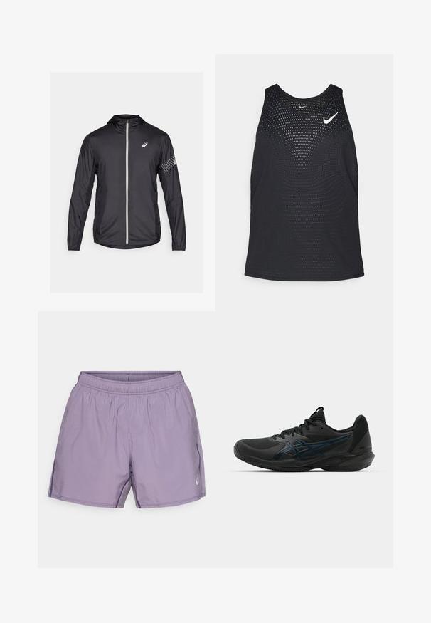 Schwarze leichte Jacke aus synthetischem Material, mit Volleinszip, Kapuze und reflektierenden Akzenten an den Ärmeln.; Schwarzes sportliches Tanktop mit perforierter Textur und rundem Ausschnitt. Mit einem weißen Nike-Logo auf der Brust.; Lila Sportshorts mit elastischem Bund, glatter Textur, Seitentaschen und einem kleinen Logo-Detail.; ASICS SOLUTION SPEED FF 3 CLAY - Tennisschuh für Sandplätze - black/prism blue