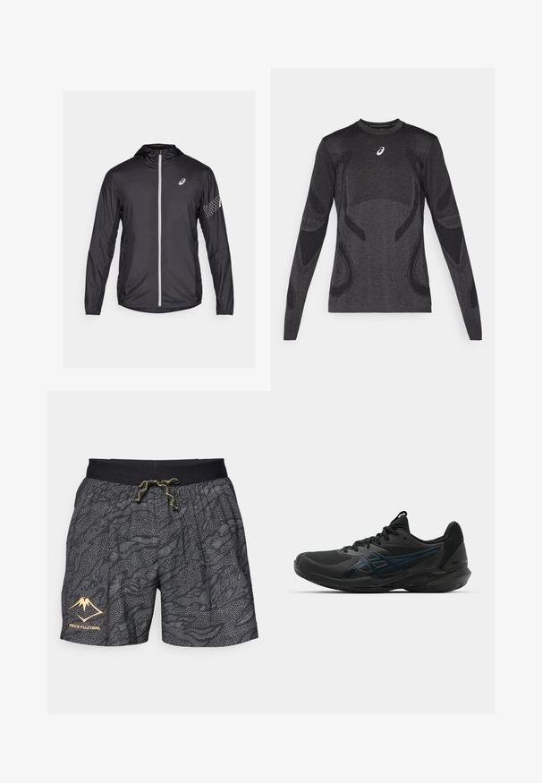 Juodas lengvas sintetinės medžiagos švarkas su pilnu užtrauktuku, kapišonu ir atspindinčiais akcentais ant rankovių.; Ilgaespalvi atletinio stiliaus marškinėliai tamsiai pilkos spalvos, su tekstūruotais dizaino akcentais šviesiai pilkoje spalvoje. Apvalus iškirpimas ir logotipas ant krūtinės.; Juodi šortai su tekstūruotu pilkų bangų raštu ir taškiniais akcentais. Juos puošia juodas elastingas diržas su geltona virvele ir logotipu.; ASICS SOLUTION SPEED FF 3 CLAY - Teniso bateliai molio dangos kortams - black/prism blue